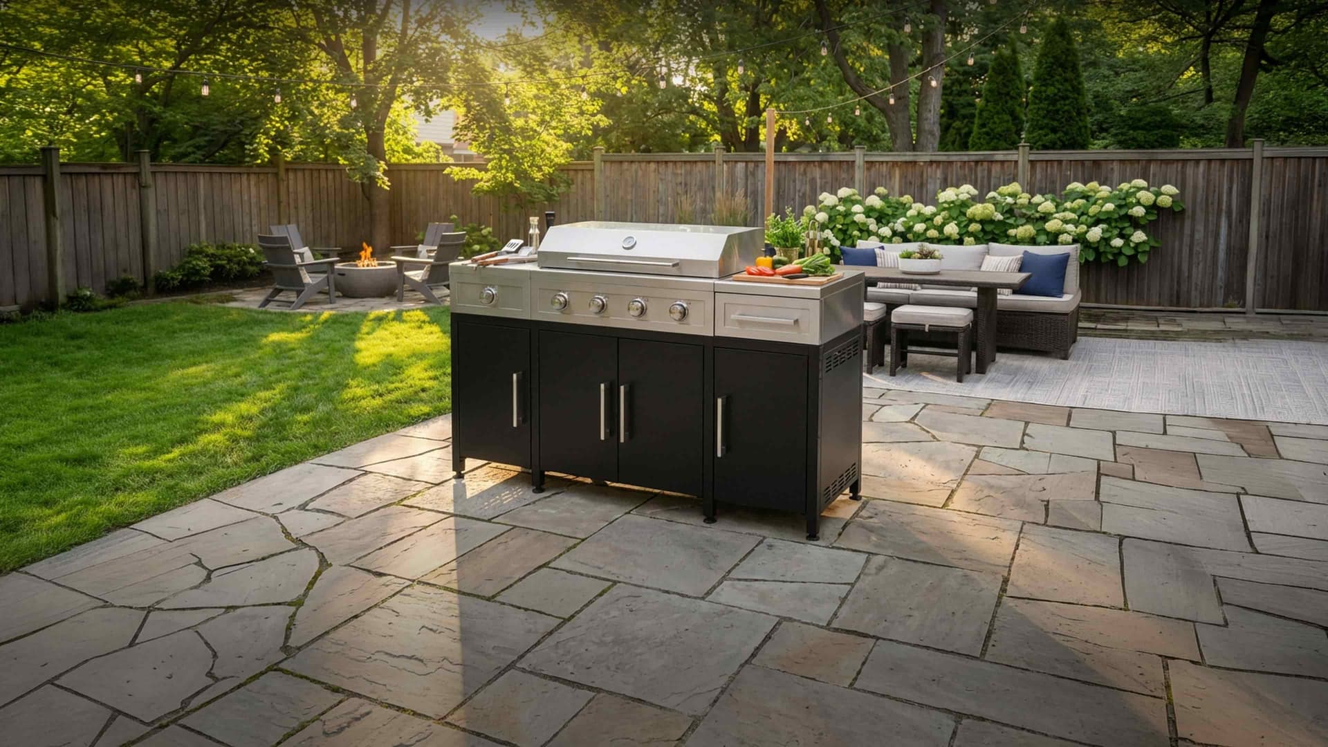 Aluminum NewAge outdoor kitchen configuration set up in a backyard