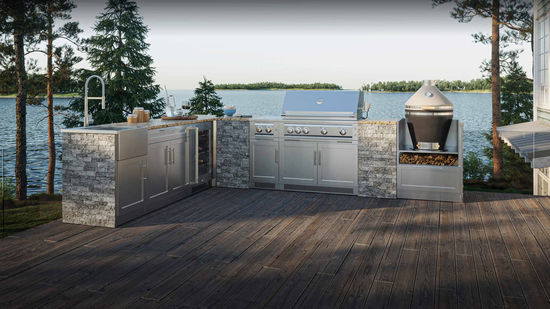 NewAge outdoor kitchen run with Dekton countertops beside an outdoor dining area