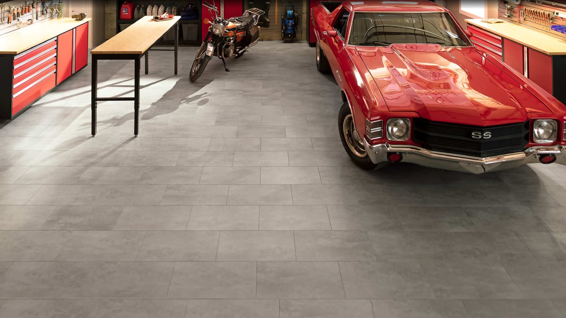 NewAge interlocking garage floor tiles installed in a two-car garage